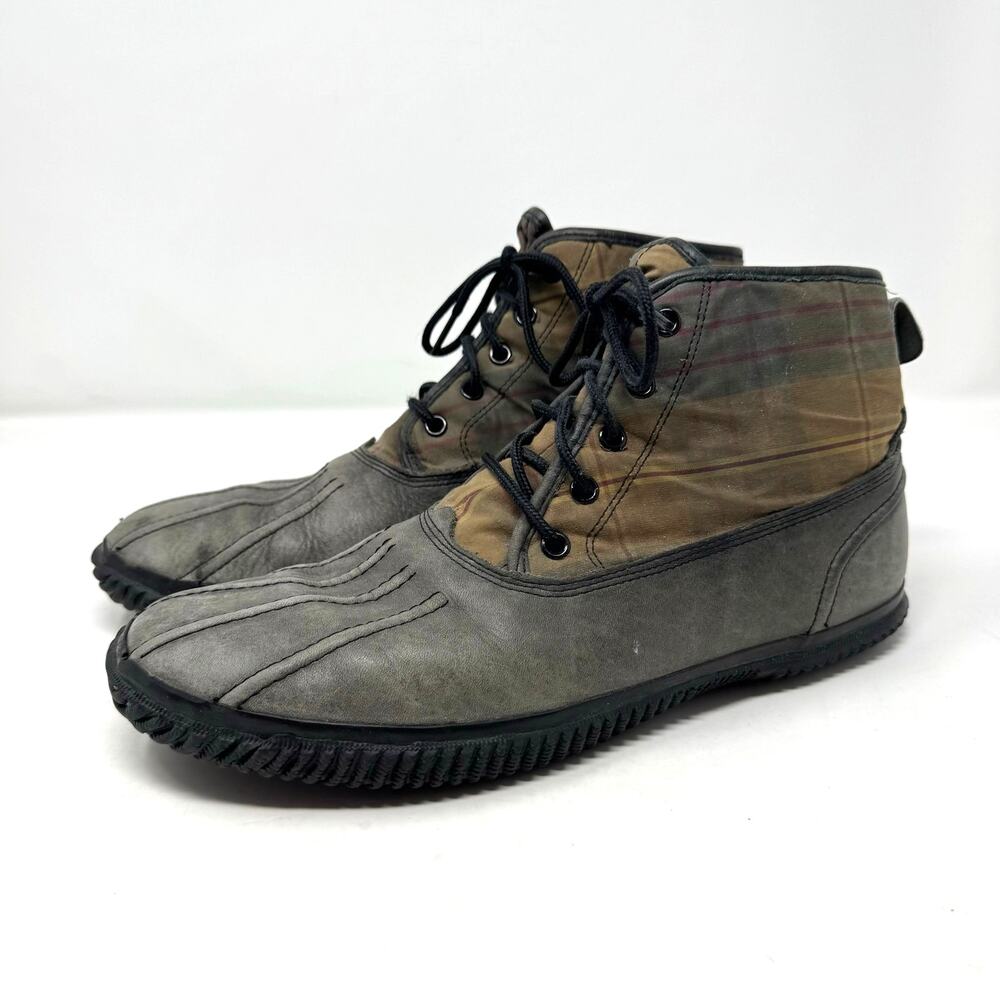 Cole Haan Mens Leather Duck Boots 11 Gray Plaid Distressed Waterproof Gorpcore